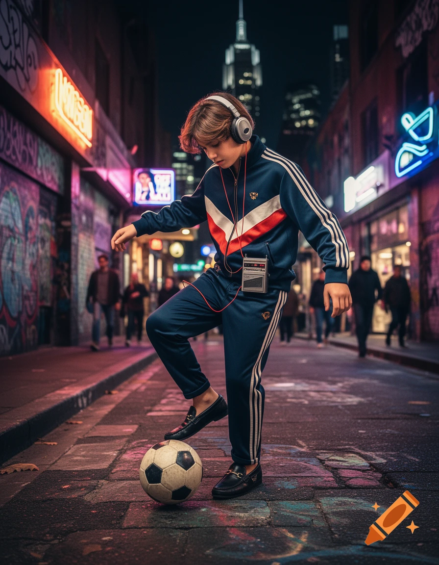 A boy in a retro tracksuit and headphones balances a soccer ball on a neon-lit city street at night, with a Walkman clipped to his jacket.