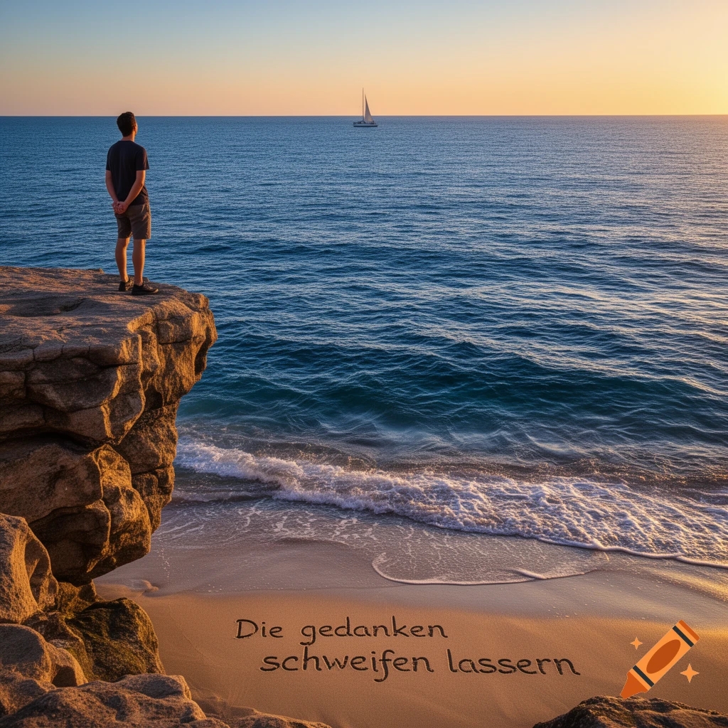 A man stands on a cliff overlooking the ocean with a sailboat in the distance at sunset, text in the sand.