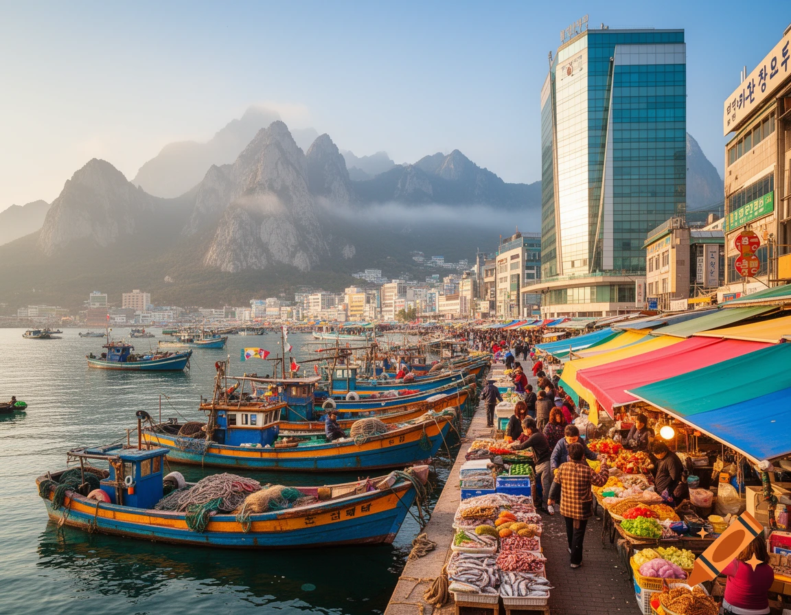 A vibrant market with colorful stalls and people alongside a harbor filled with fishing boats, modern buildings, and misty mountains.