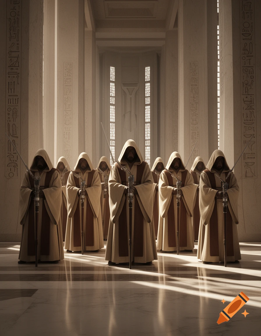 A lineup of robed figures with obscured faces, each holding a staff, standing in a large, bright temple hall with hieroglyphs on the pillars.
