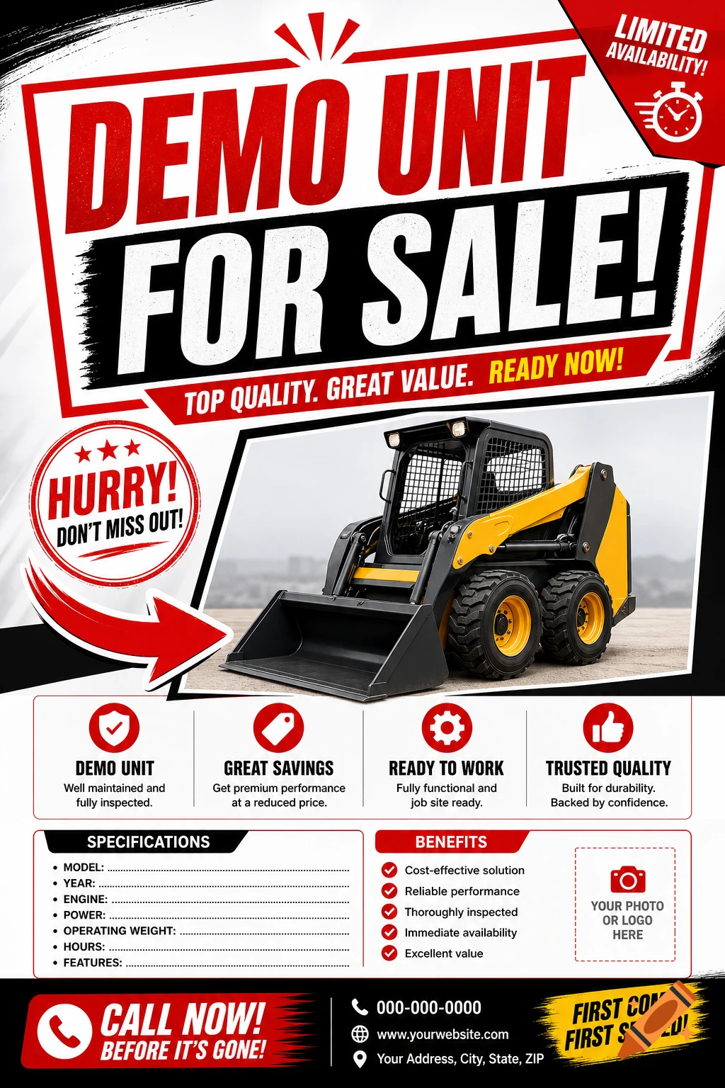 An advertisement poster for a yellow and black bobcat loader construction vehicle for sale, with bold text and specifications.