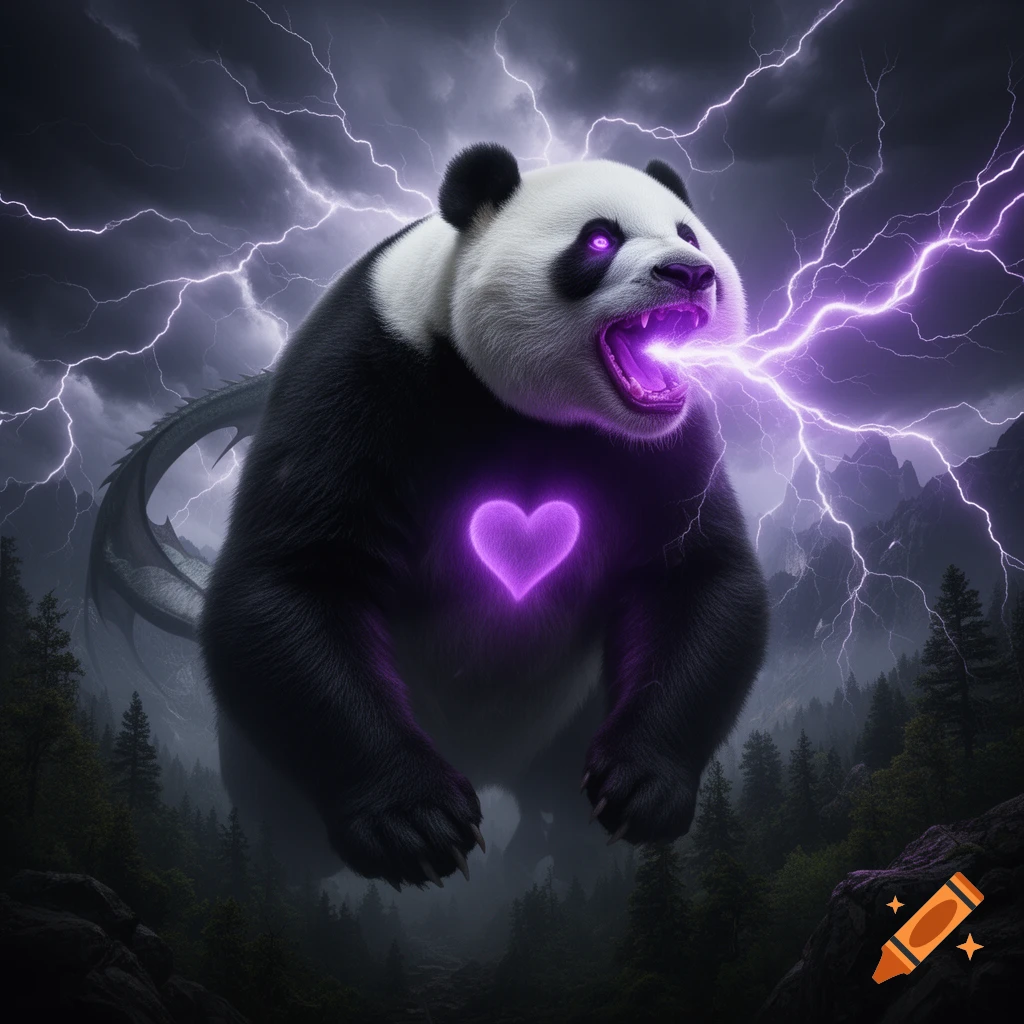 A majestic mutant panda dragon with glowing purple eyes and a chest heart mark breathes purple lightning in a stormy mountain forest with a dragon tail.