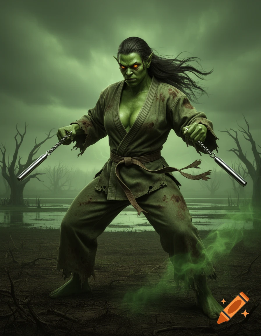 An HD art depiction of a green-skinned female orc martial artist in a torn gi, holding nunchucks, standing in a desolate green swamp.
