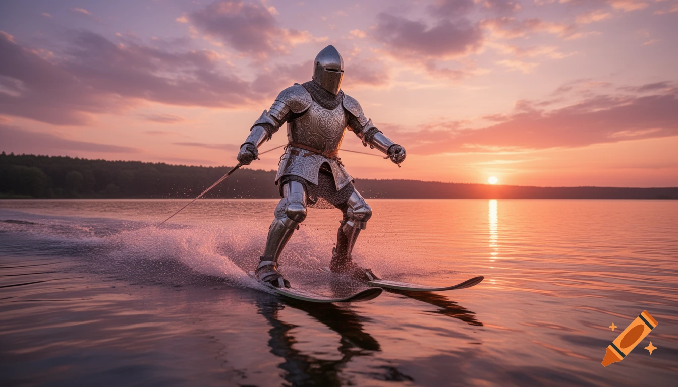 A knight in full armor water skis across a lake at sunset, leaving a white wake. Photorealistic.