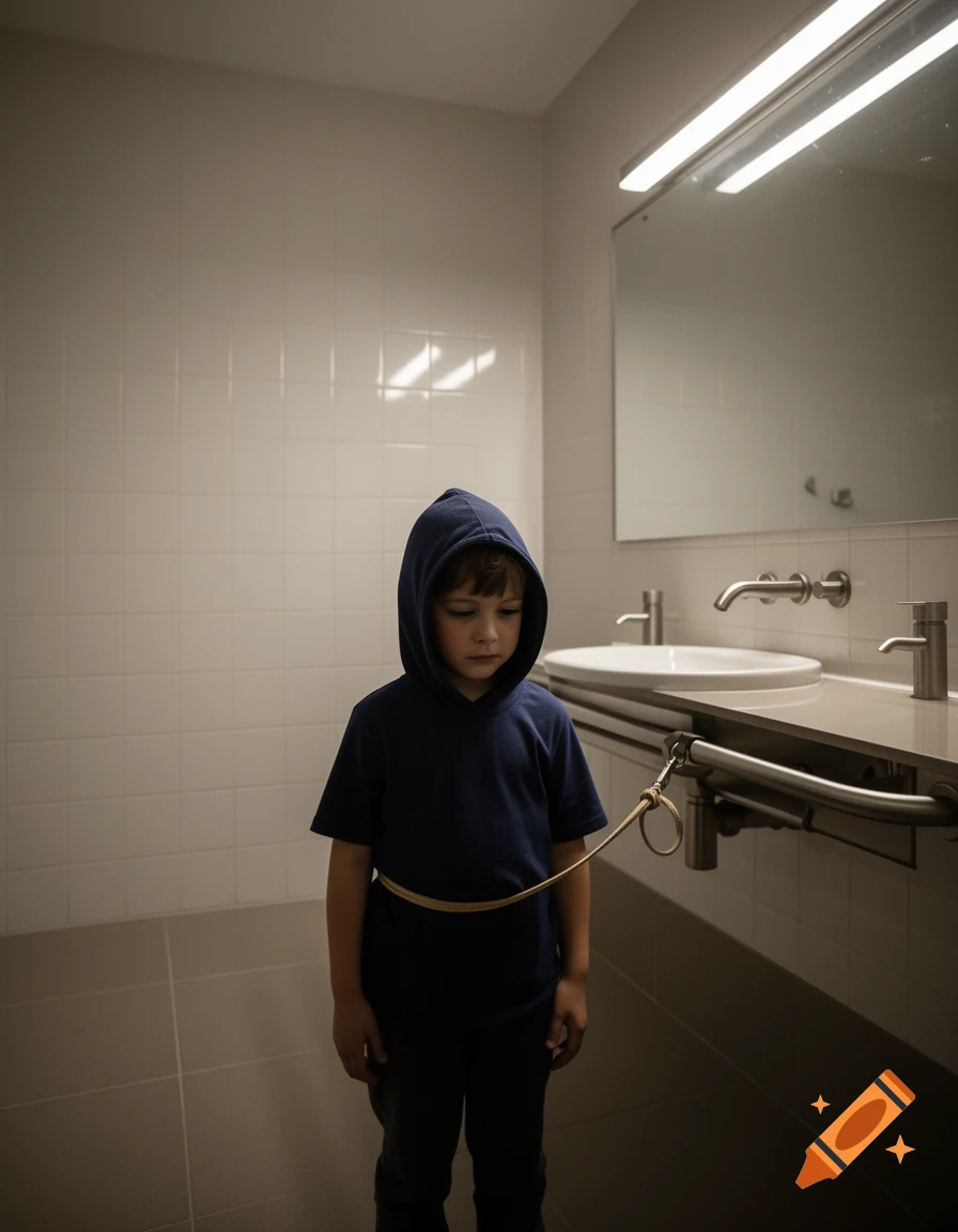 A child in a dark blue hooded shirt, tethered by a rope to a bathroom counter, looking down in a sterile bathroom.
