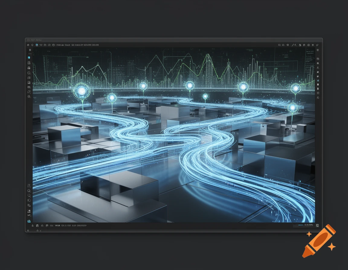 A digital screen displays a data flow visualization with glowing blue light trails over metallic blocks and a green graph.