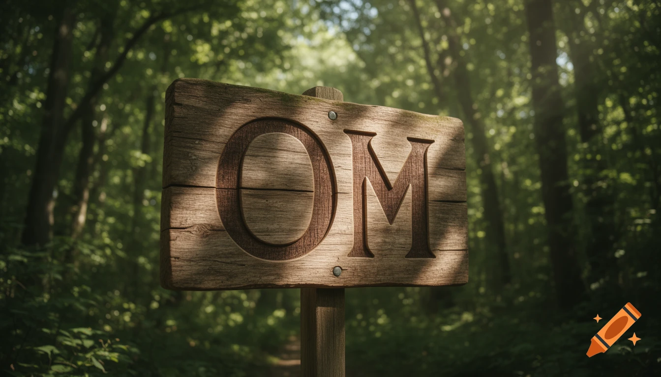 Photorealistic wooden sign with OM carved into it, standing in a sun-dappled forest.