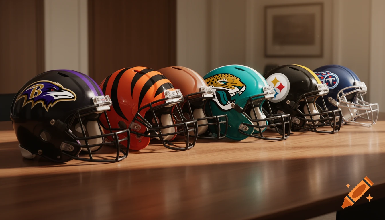 Six NFL football helmets, including the Baltimore Ravens, Cincinnati Bengals, Cleveland Browns, Jacksonville Jaguars, Pittsburgh Steelers, and Tennessee Titans, lined up on a wooden table in a well-lit room.