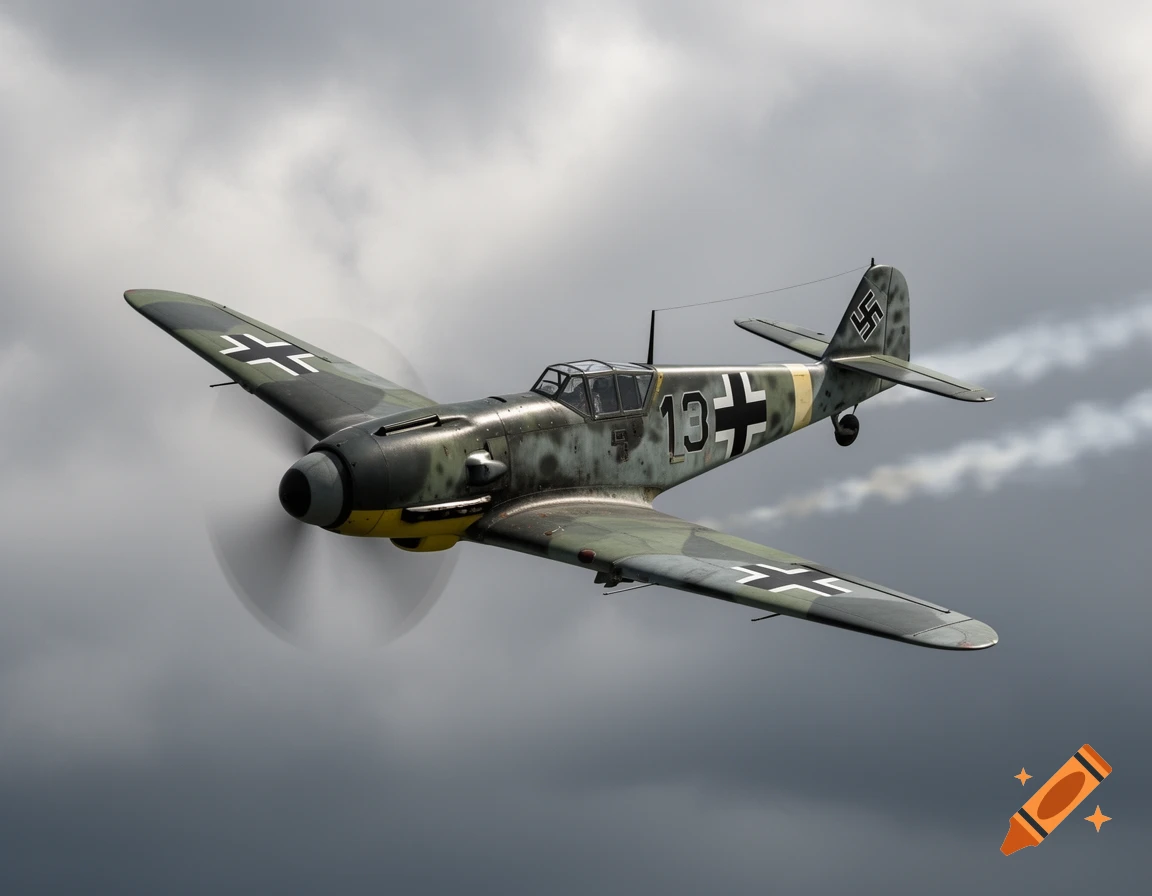 A camouflaged German Messerschmitt Bf 109 warbird with a propeller blur flies through a cloudy sky, seen from below.