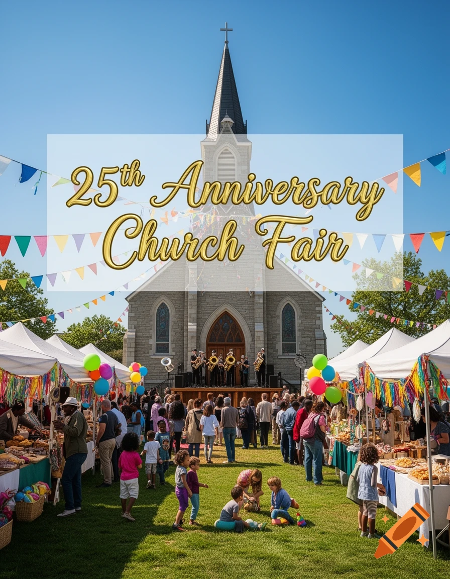 A poster depicting a bustling 25th Anniversary Church Fair with a band playing in front of a stone church, surrounded by market tents, people, and children playing on the grass under colorful bunting.