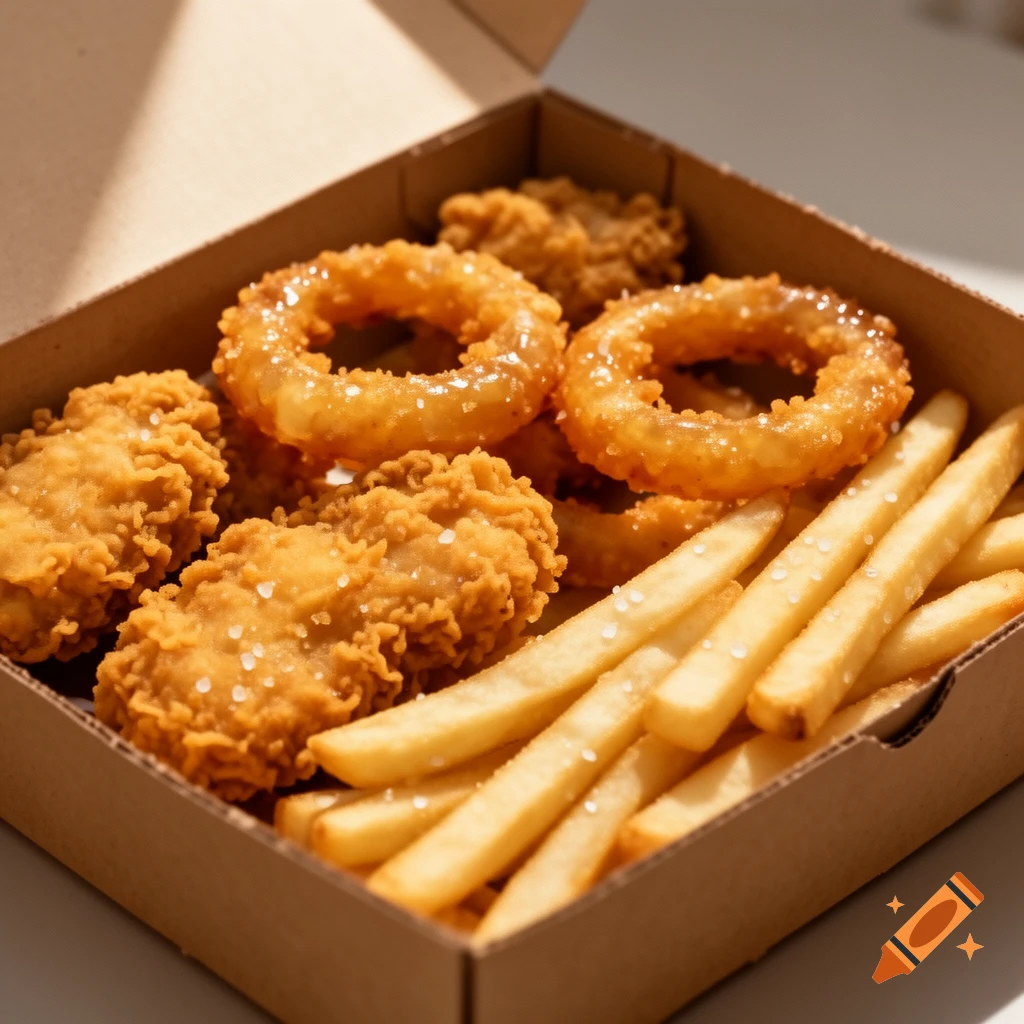Photorealistic image of fried chicken, onion rings, and french fries in a cardboard takeout box.