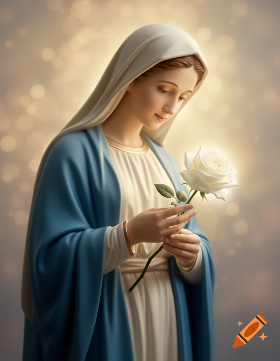 A serene depiction of the Virgin Mary in a white veil and blue robe holding a glowing white rose, against a soft, illuminated background.