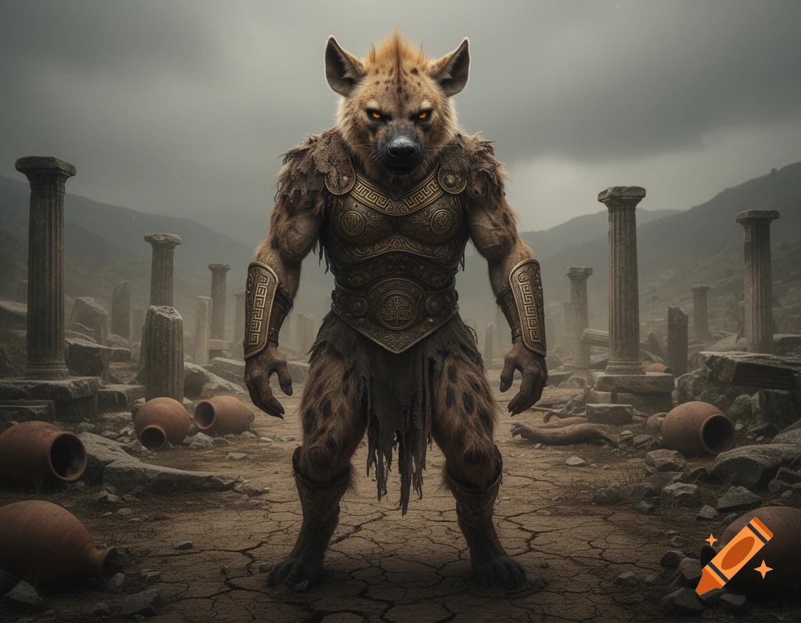 A bipedal, armored hyena-like monster stands powerfully in desolate ancient Greek ruins under a stormy sky.