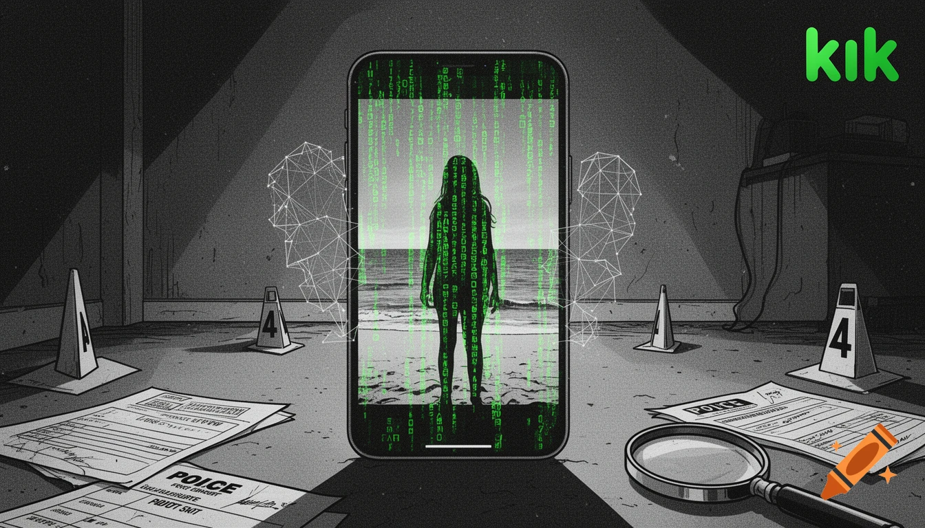 Monochrome comic book art depicting a smartphone with a silhouette of a person on a beach, covered in green digital code and wireframes. Forensic markers and files are in the foreground, with a green Kik logo.