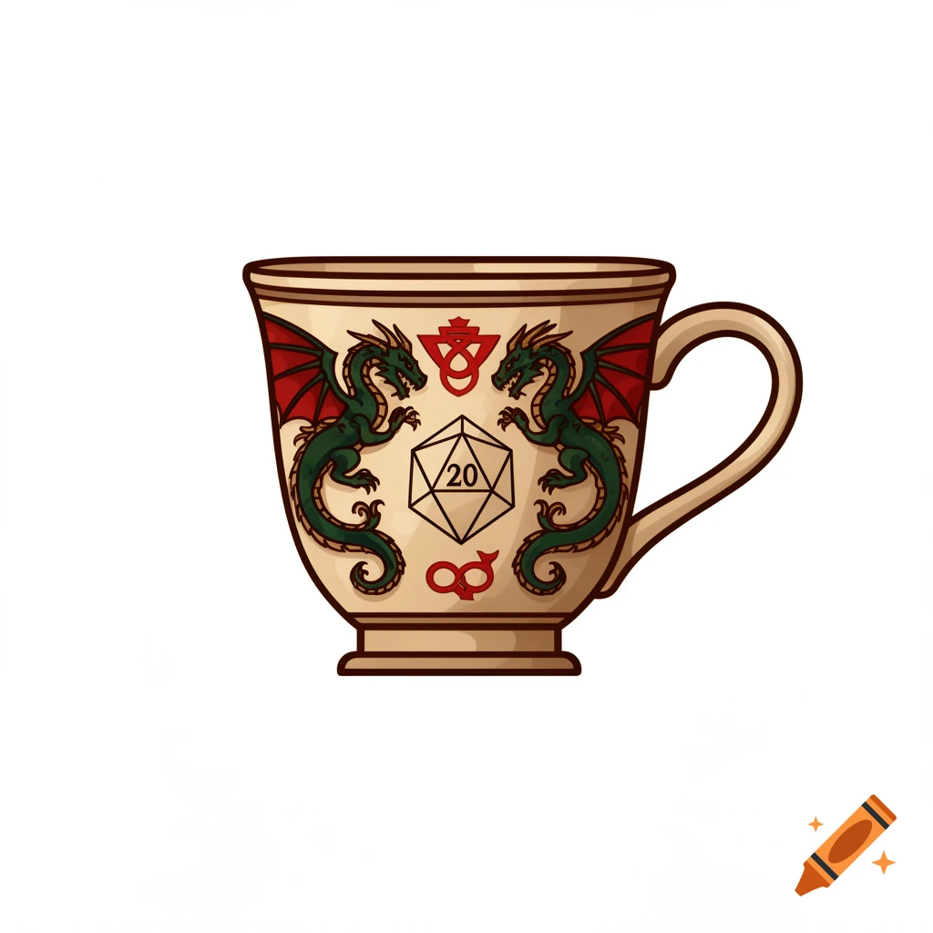 A stylized Dungeons and Dragons themed teacup with green dragons, a D20 die showing '20', and various D&D symbols.