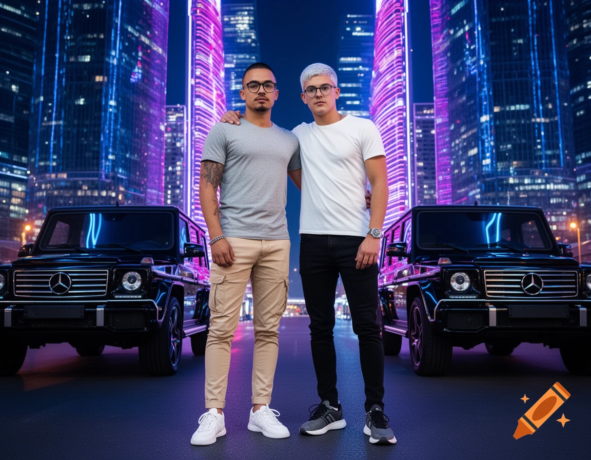 Two men stand between black Mercedes G-Class SUVs in a neon-lit futuristic city at night, reflecting success.