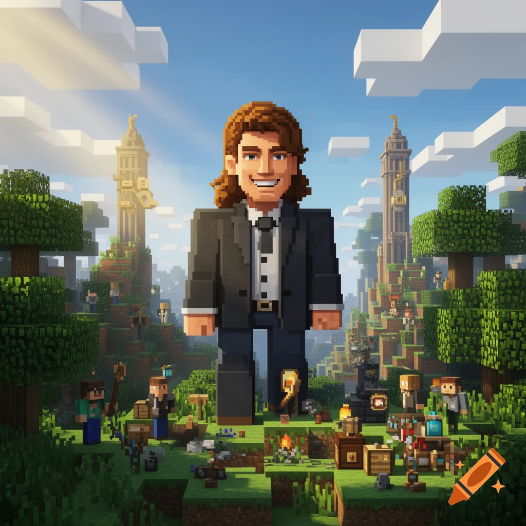 A large, pixelated man in a suit stands in a vibrant, blocky Minecraft-style landscape with smaller characters and structures.