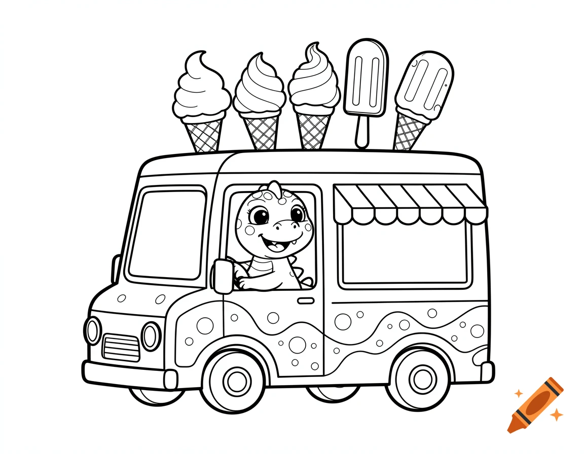 Black and white coloring page of a cute cartoon dinosaur driving an ice cream truck with cones and popsicles on top.