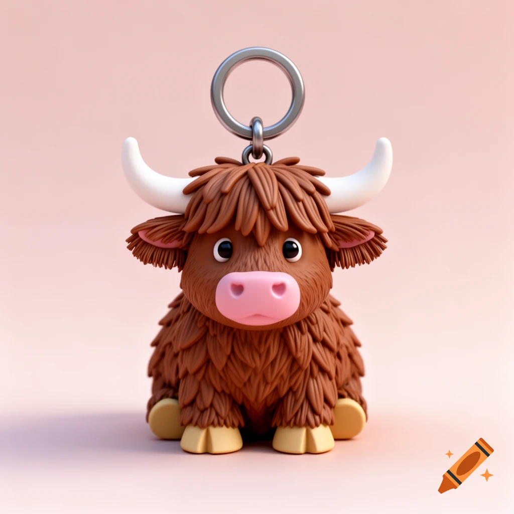 A cute, stylized brown highland cow keychain with white horns, a pink nose, and tan hooves, rendered in a 3D printable style against a pink background.