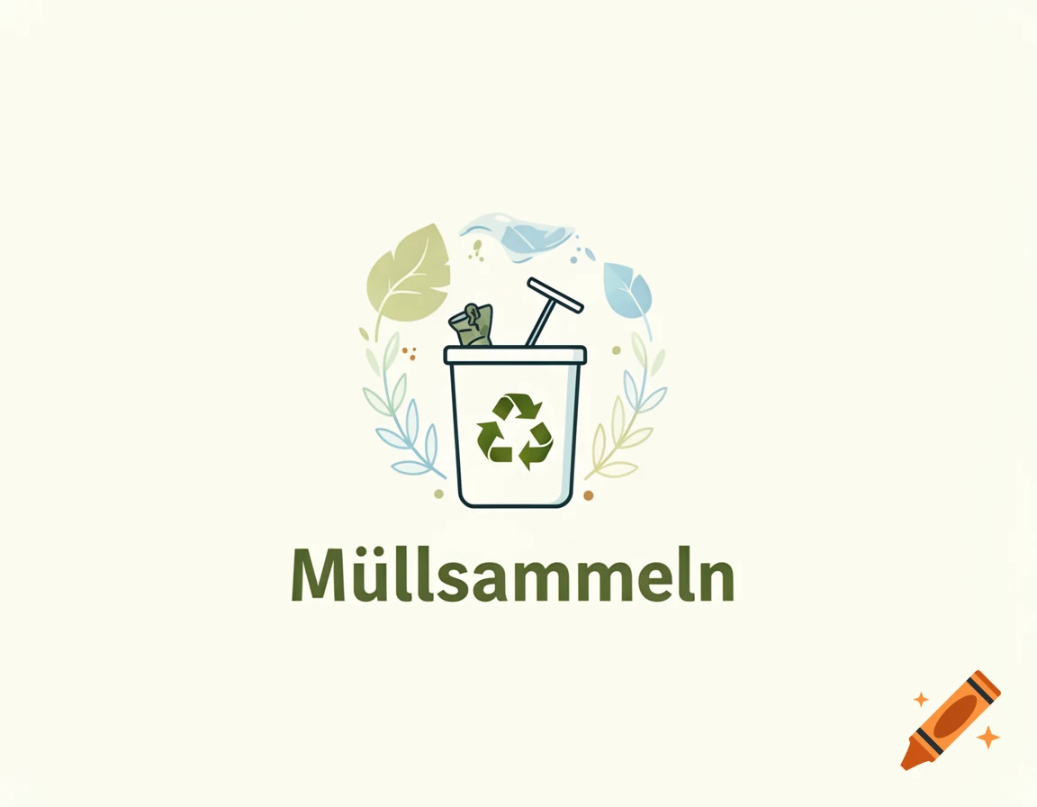 Minimalist illustration of a recycling bin with a green symbol and leaves, text 'Müllsammeln'.