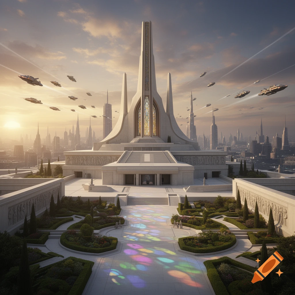 A grand futuristic temple with a tall spire and stained glass windows, surrounded by gardens and a sprawling cityscape, with numerous spaceships flying in the sunset sky.