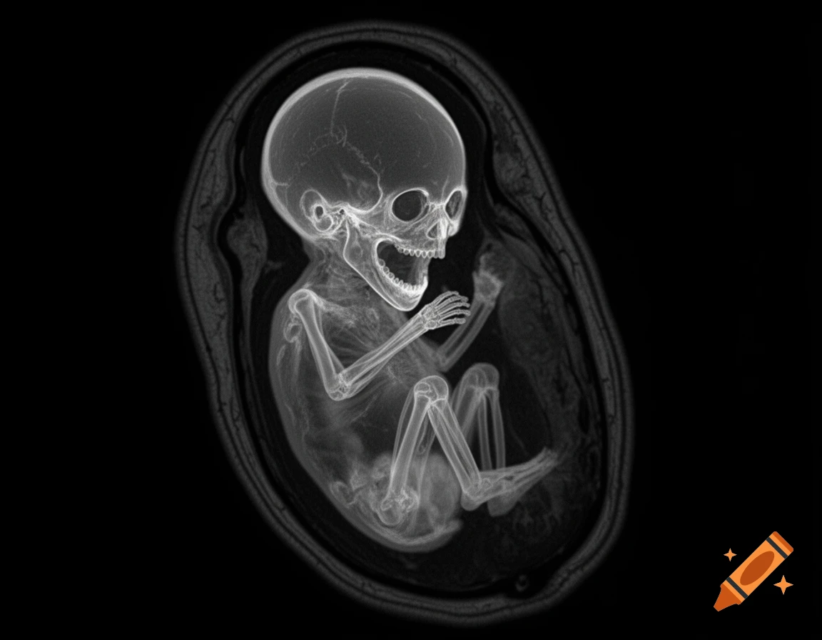 A screaming skeletal fetus, depicted as a zombie, inside an MRI scan on a black background.