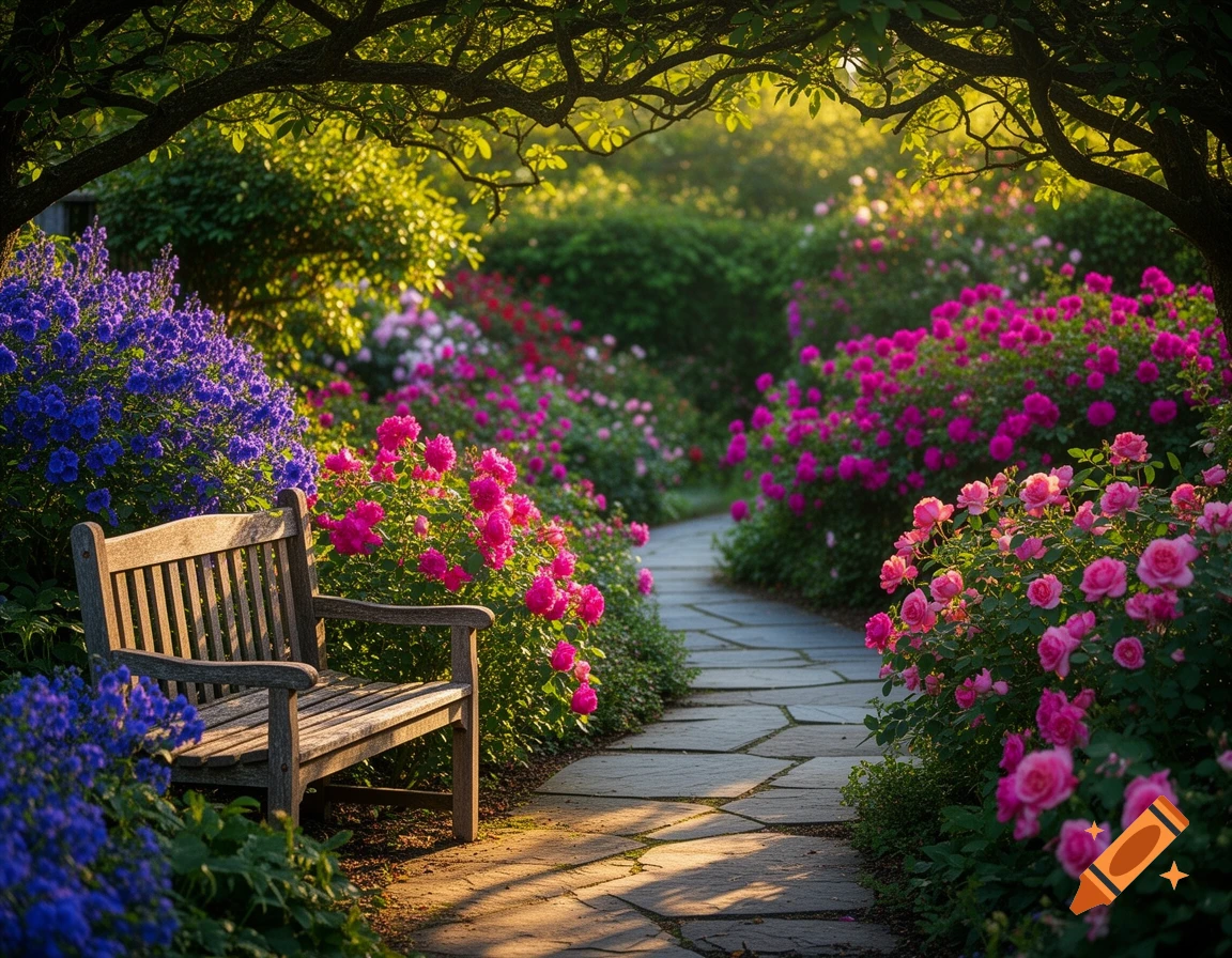 A wooden bench in a vibrant garden with blue and pink flowers, a stone path, and dappled sunlight filtering through tree branches.