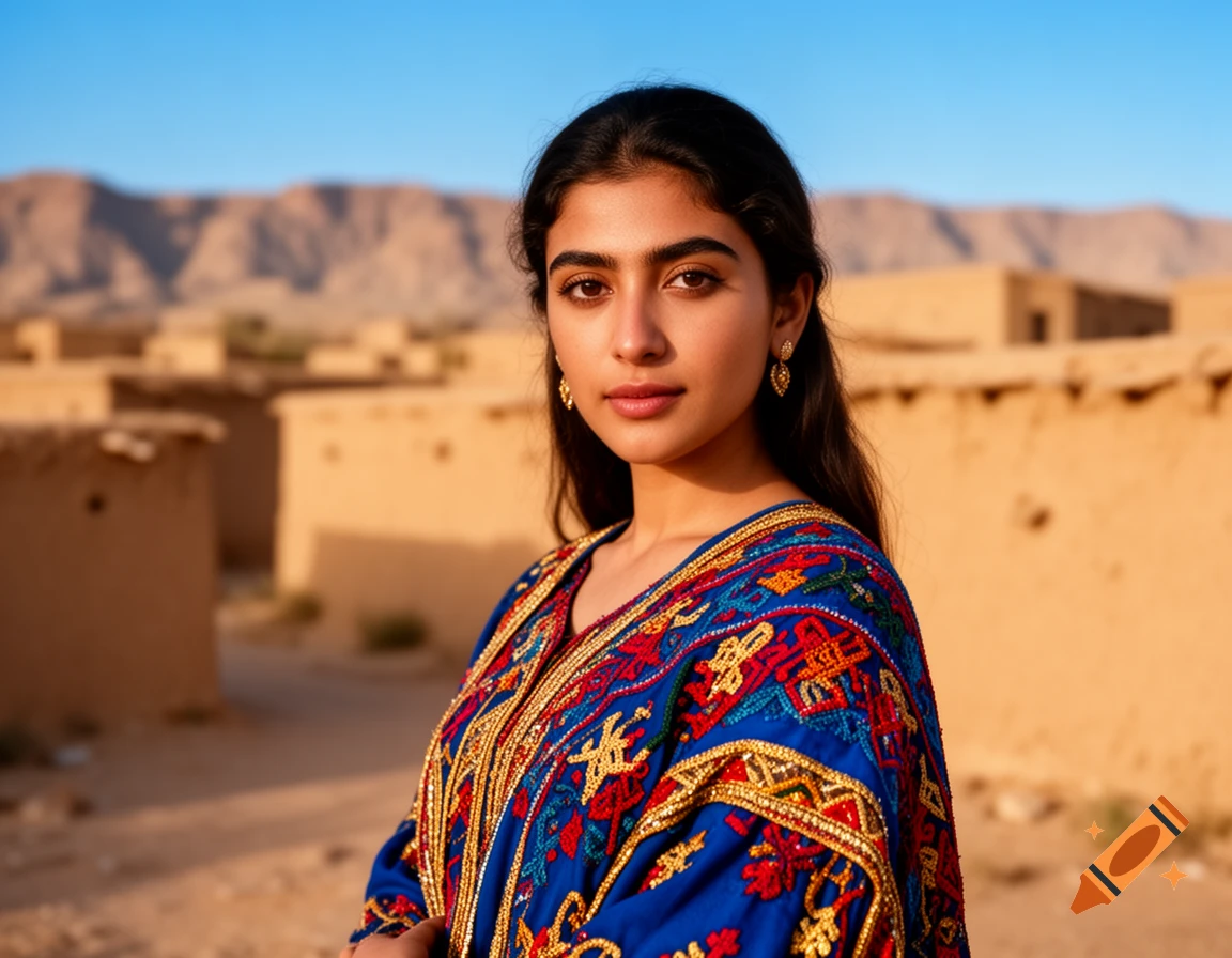 A young woman in a blue traditional dress with intricate gold and red embroidery stands in a desert village.