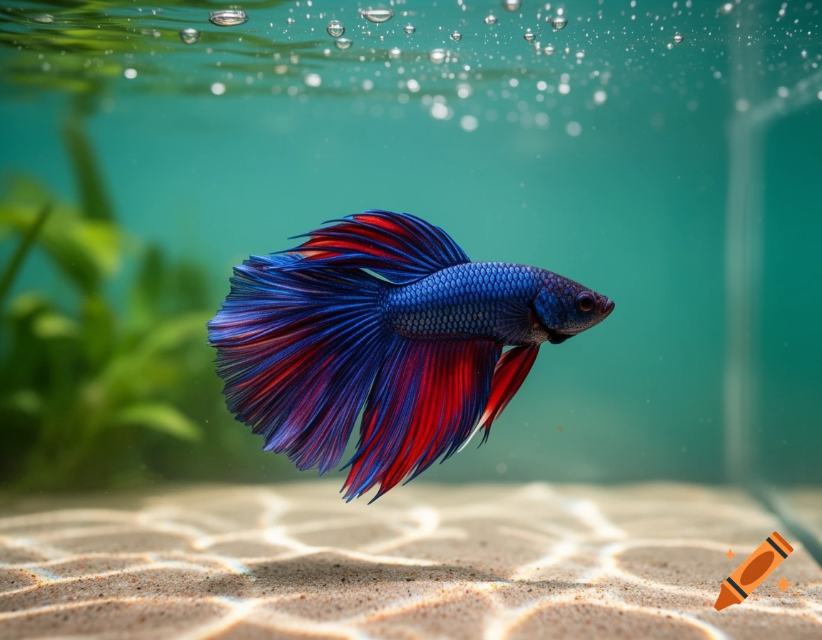 A vibrant blue and red Betta fish swims gracefully in an aquarium with a sandy bottom, green plants, and bubbles floating above.