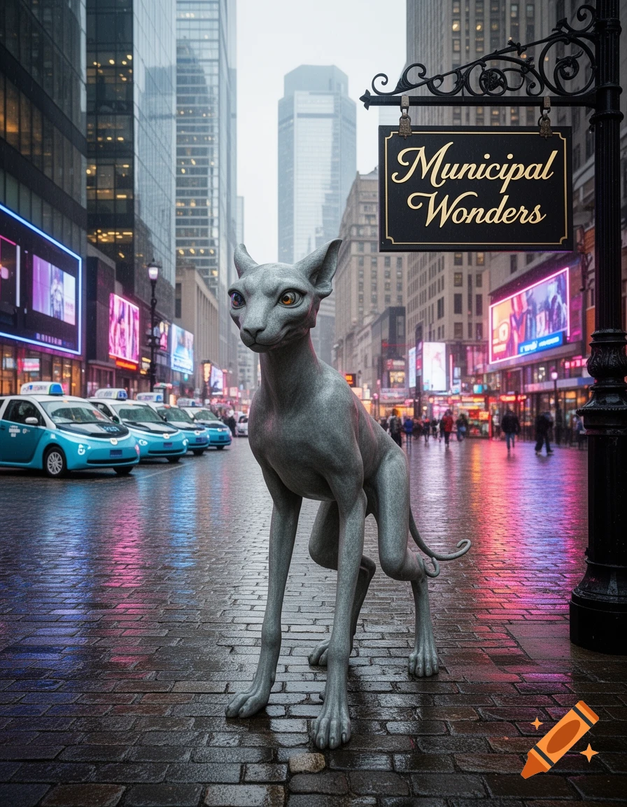 A gray, hairless, cat-like creature statue stands in a wet city street at night, surrounded by buildings and neon lights.