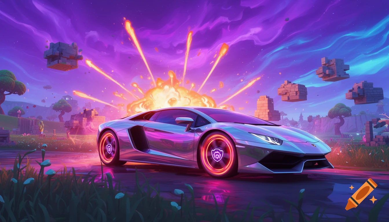 A shiny silver Lamborghini sports car on a road in a stylized purple landscape with floating blocks and fiery explosions, in a Fortnite art style.
