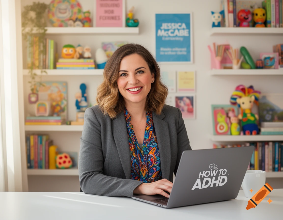 A smiling woman in a gray blazer sits at a desk with a laptop displaying 'How to ADHD' logo, in a colorful office.