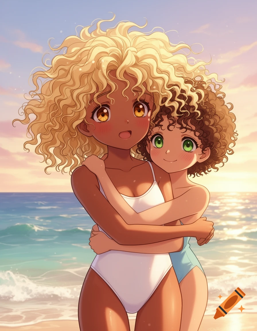Anime style illustration of two girls with curly hair hugging on a sunny beach. One wears a white swimsuit, the other blue.