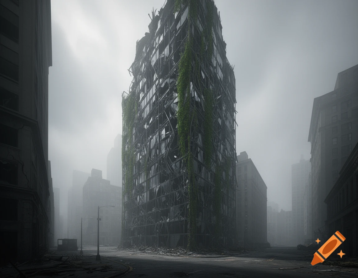 A tall, ruined skyscraper overgrown with green vines stands amid debris on a foggy, desolate city street.