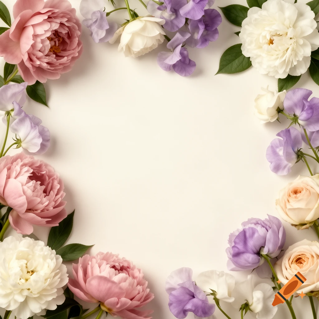 A flat lay arrangement of pink, white, and purple flowers framing an empty cream-colored center.