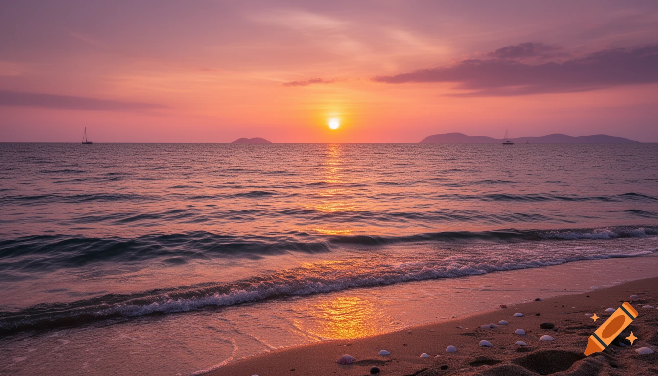 A vibrant orange and purple sunset over the ocean, with a sandy beach and seashells in the foreground and distant sailboats.