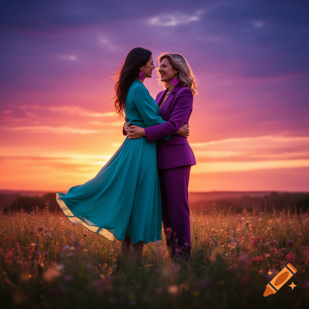 Two women in a vibrant field embrace at sunset under a purple and orange sky.
