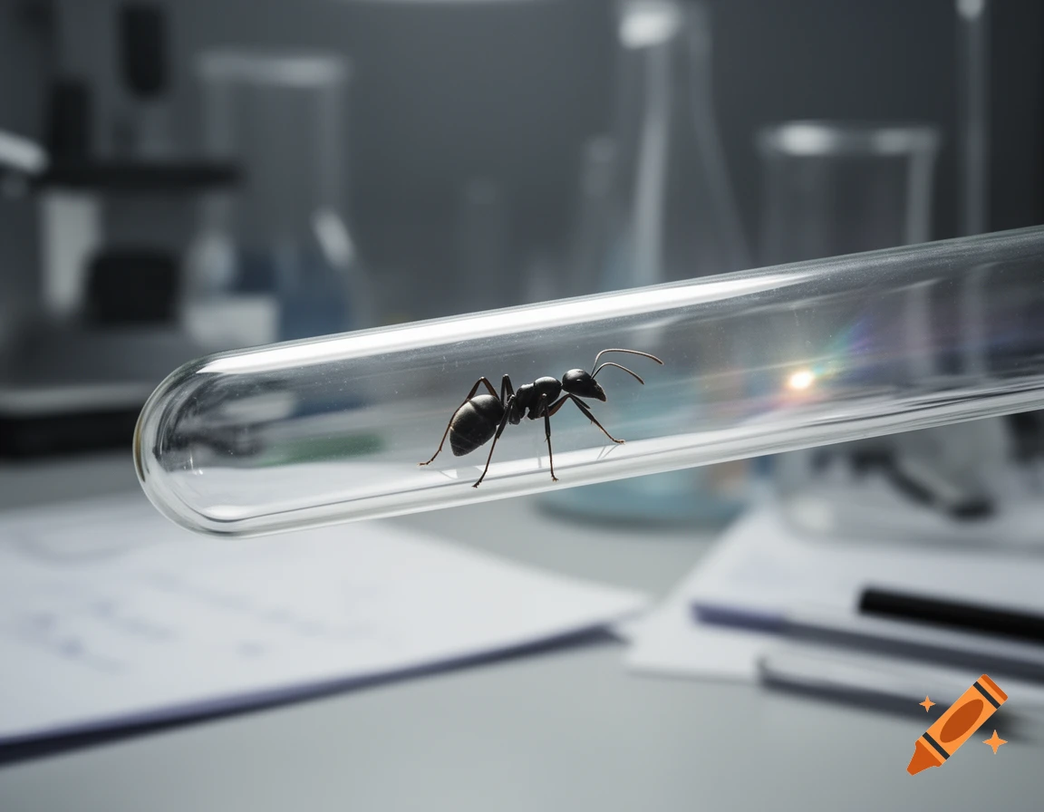 A close-up shot of a black ant inside a clear glass test tube, set against a blurry science lab background.