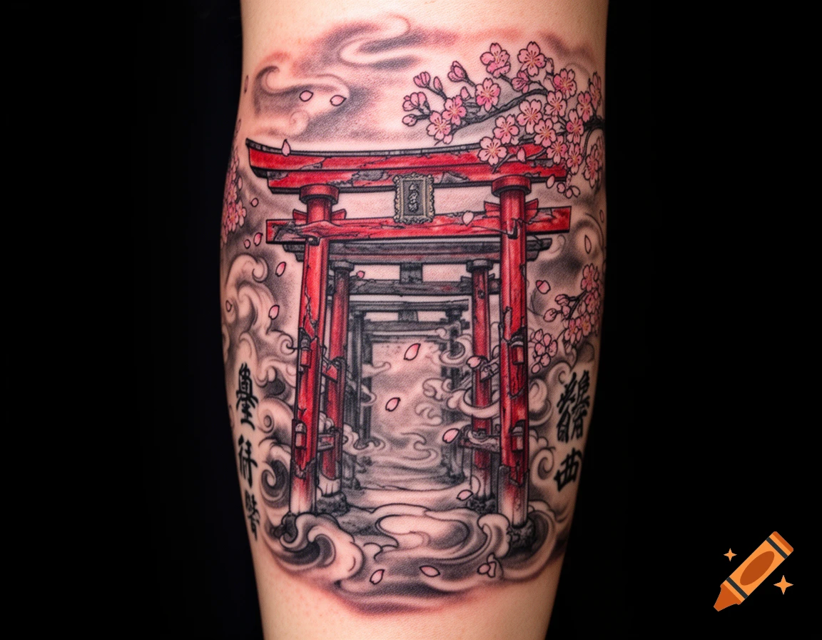 A colorful tattoo on skin featuring a red Japanese torii gate with pink cherry blossoms and falling petals, surrounded by stylized grey clouds.