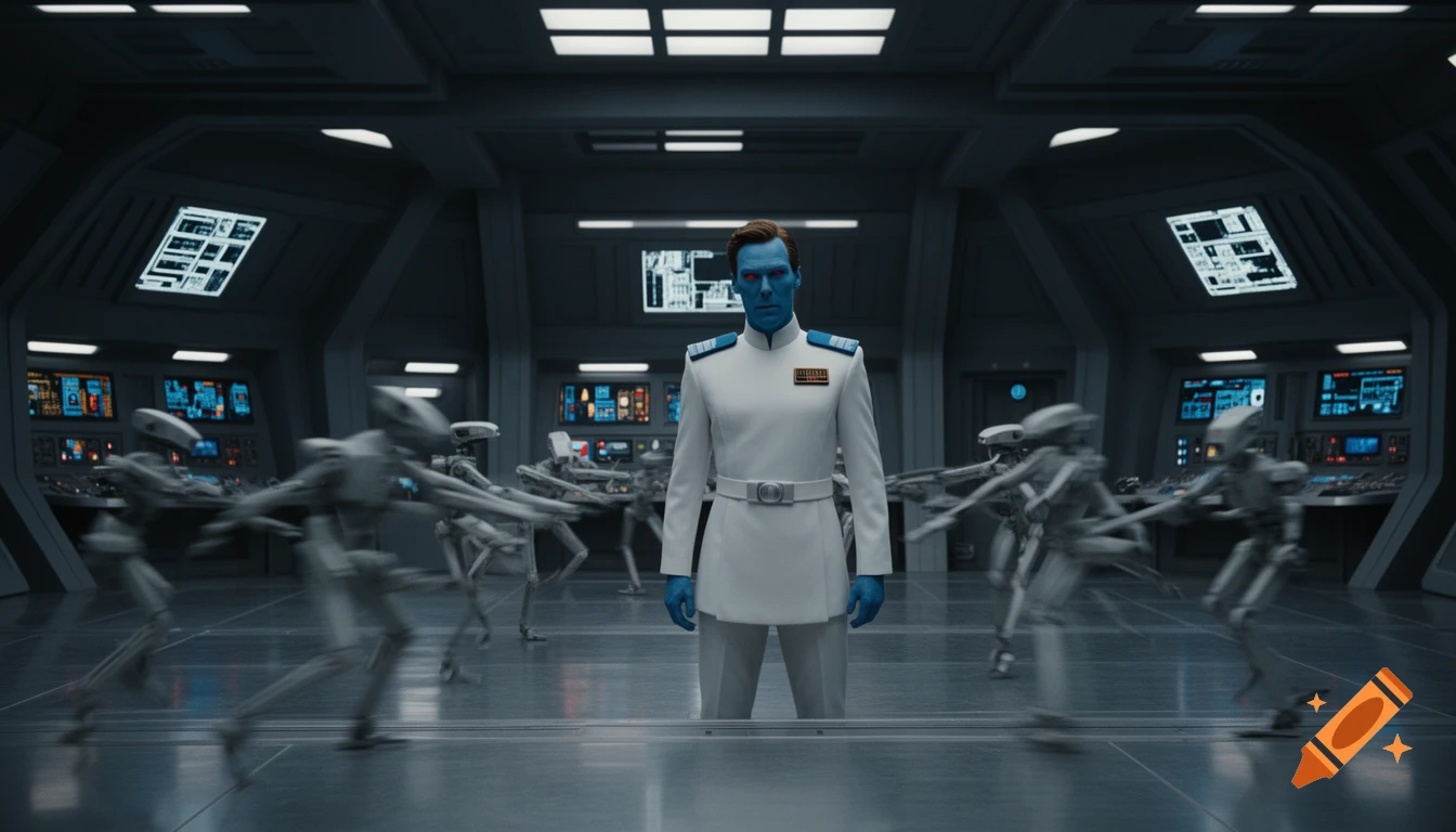 A blue-skinned man in a white uniform stands in a futuristic control room, surrounded by several blurry, running humanoid droids.