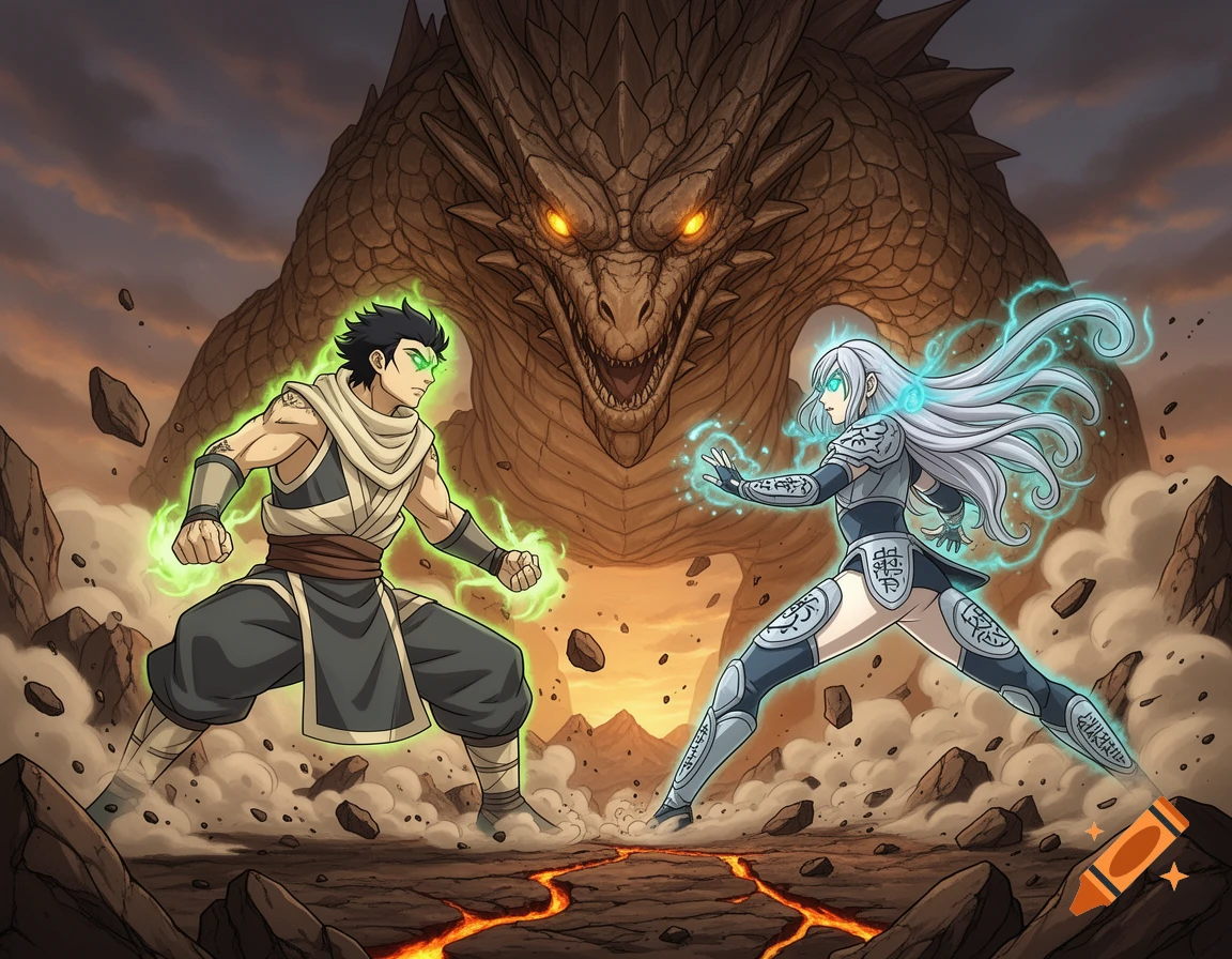 An anime-style male character with green energy and a female character with blue energy prepare to fight a massive brown dragon in a volcanic, rocky landscape.