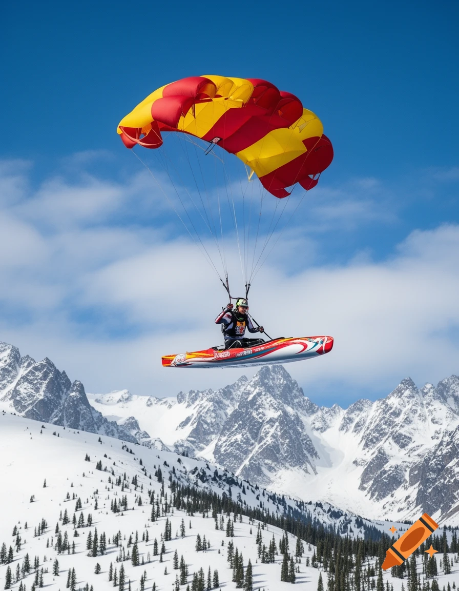 A person in a red and white kayak flies under a yellow and red parachute over snowy mountains and evergreen trees.