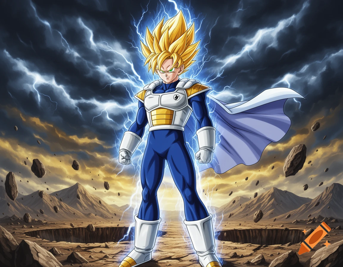 An anime character resembling Goku as Super Saiyan 2 wearing Vegeta's armor and a cape, surrounded by lightning in a desolate, stormy landscape.