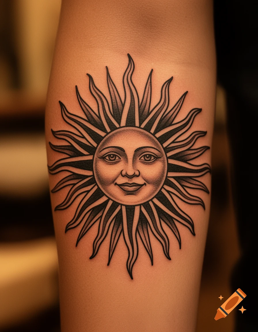 A traditional style black and grey sun tattoo with a friendly face on an arm.