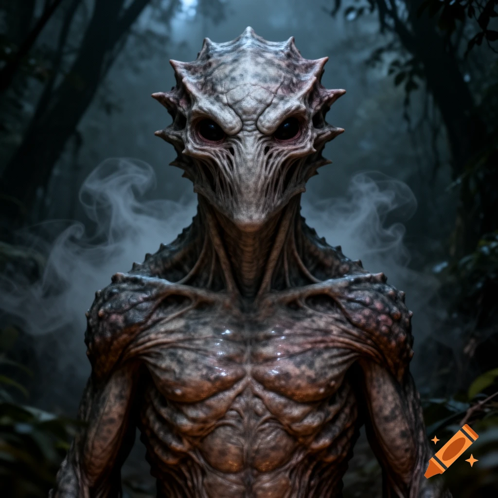 A dark, photorealistic monster resembling a Demogorgon with a spiky head and textured skin, standing in a misty, dark forest.