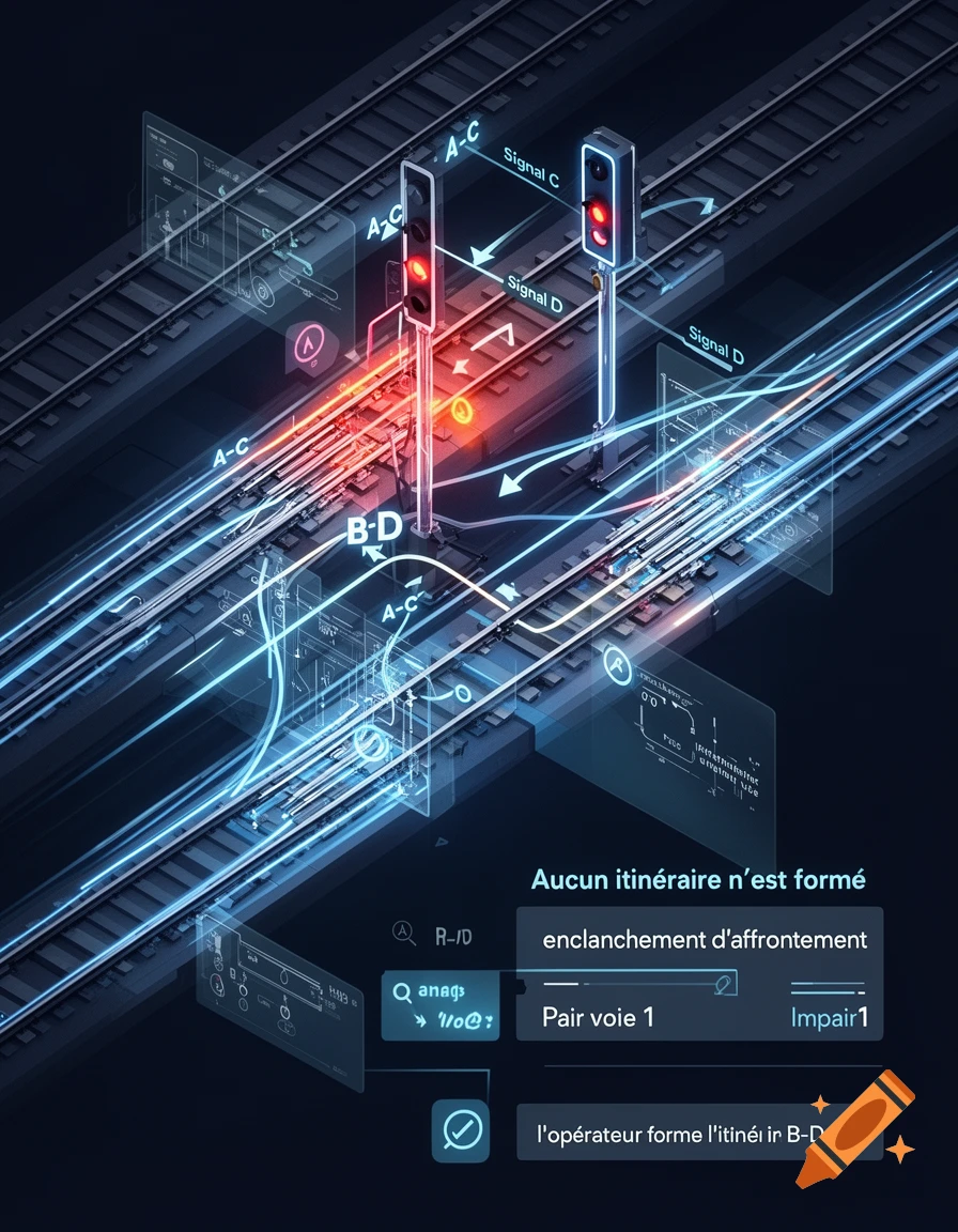An isometric view of train tracks with red signals and glowing blue and red holographic lines indicating signal paths and data flow, set against a dark background with interface elements.
