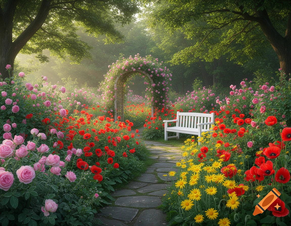 Photorealistic garden with a stone path, white bench, pink roses, red poppies, and yellow flowers under sun-dappled trees.