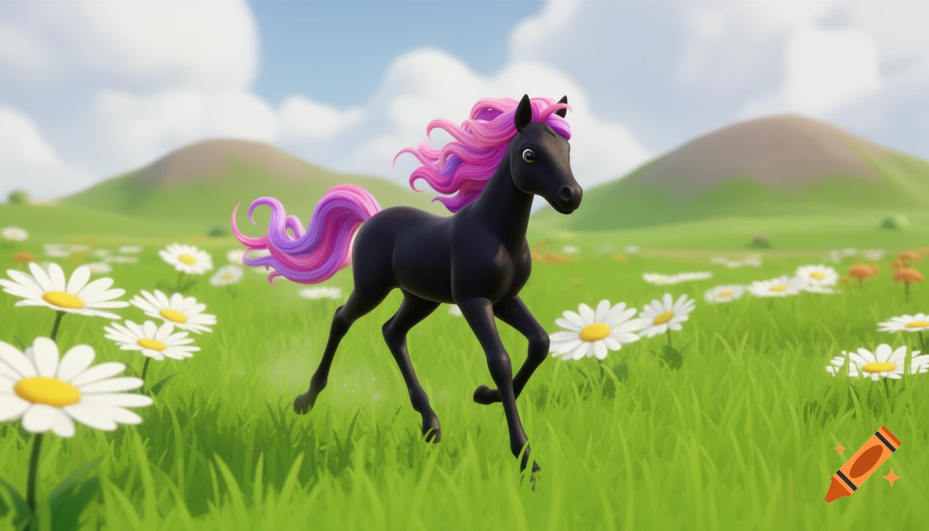 A black cartoon horse with a pink and purple mane and tail runs through a vibrant green meadow filled with white daisies under a blue sky.