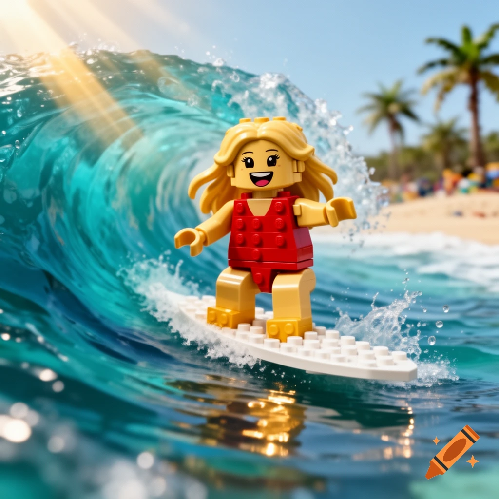 A Lego girl minifigure in a red swimsuit surfs a blue ocean wave, with a sunny beach and palm trees in the background.