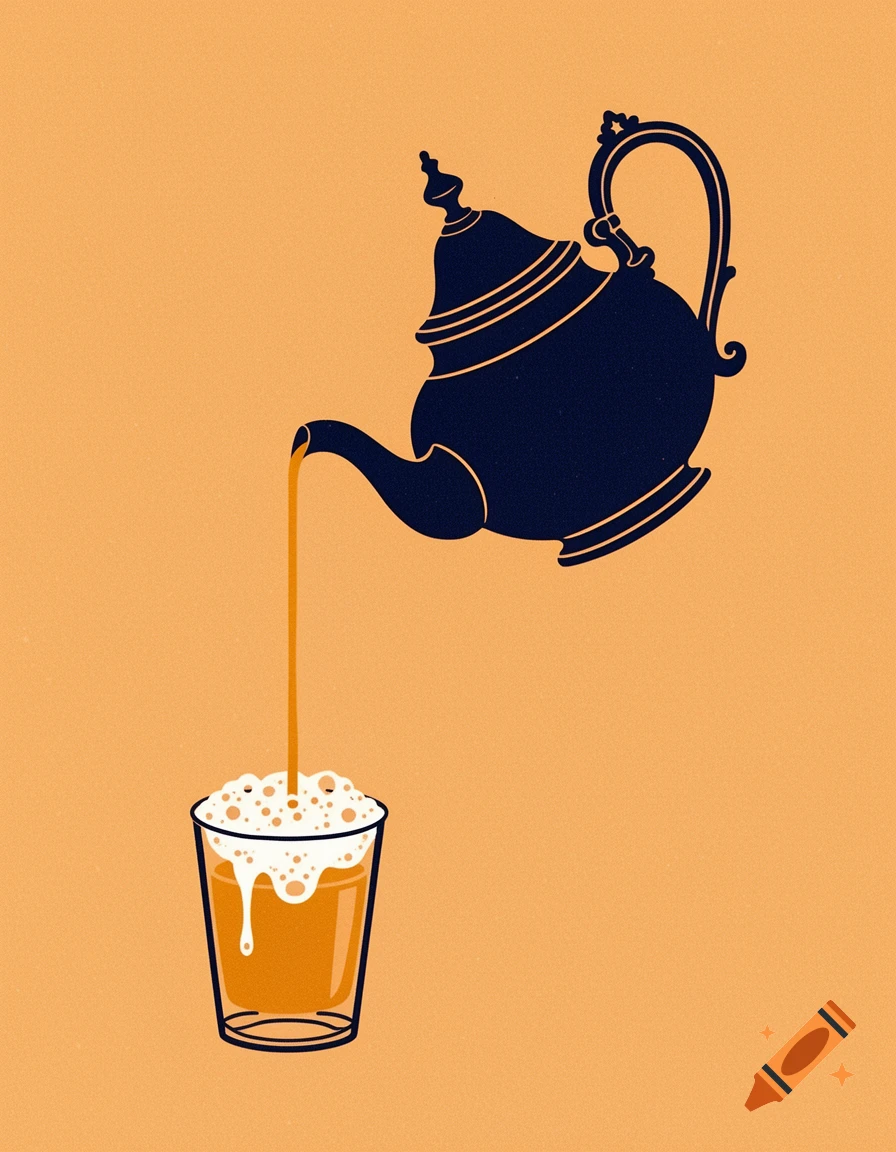 A stylized illustration of a black Moroccan teapot pouring foamy tea into a small glass on an orange background.